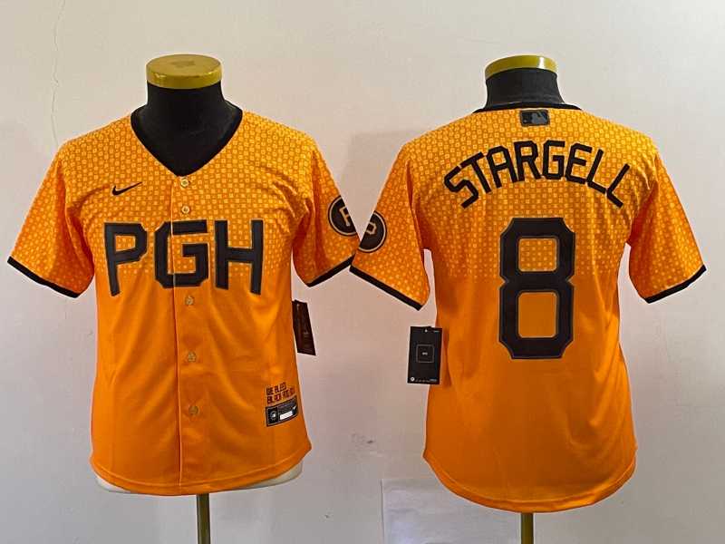 Youth Pittsburgh Pirates #8 Willie Stargell Number Yellow 2023 City Connect Stitched Jersey4->mlb youth jerseys->MLB Jersey